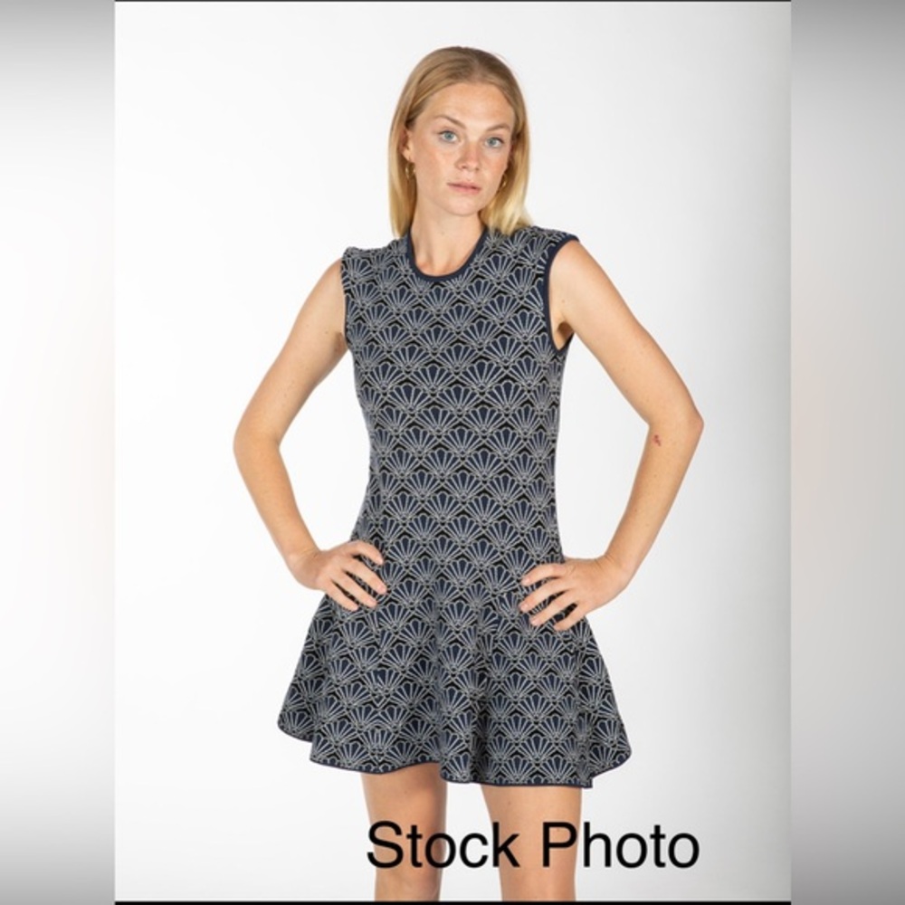 MARKUS LUPFER Navy Knit Fit Flare Dress Large Sleeveless Shell Print